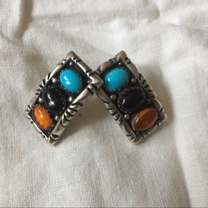 Turquoise, amber, black onyx earrings